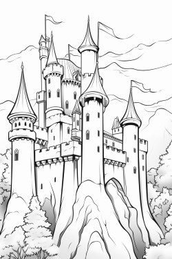 castle in a forest with flying dragons