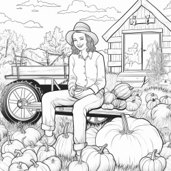 adult woman in jeans and check shirt sitting on a hay wagon which ist loaded with different pumpkins
