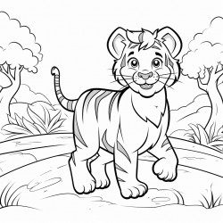 a tiger walking in a pathway outline lineart coloring book 2d cartoon character
