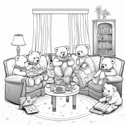 illustration a group of teddy bears sitting in a circle discussing their band plans with a teddy bear holding a notepad background a cozy living room with musical posters on the walls and a coffee table with snacks