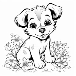 bolt and simpel black and wite coloring page of cute puppy sarounded by flowers