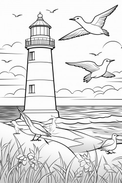 lighthouse on the beach with birds and the ocean in the background