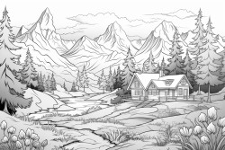 forest beside mountains and lake beside  house