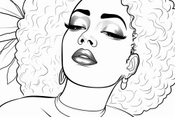 a simple black  white line art color by number oloring page illustration of an black girl smoling