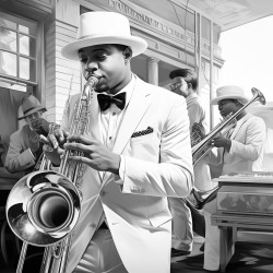 a jazz band performing on stage featuring a white male trumpeter