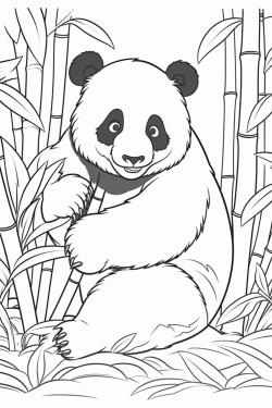 a giant panda sitting on the ground munching on bamboo stalks in a forest with bamboo trees in the background bold outline coloring book for kids coloring page
