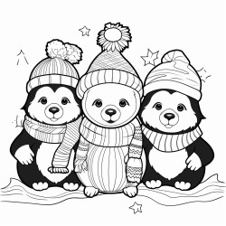 cozy christmas animals coloring book page no colors black and bold lines