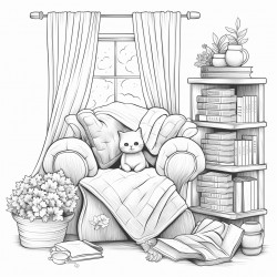 cozy reading nook  a window seat with fluffy cushions a soft blanket and a stack of kawaiithemed books