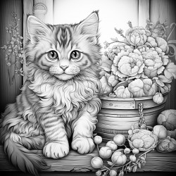 cute cat playing with a ball of yarn with intricate patterns all over the image with no shading
