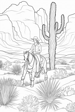 beautiful western landscape with a cowgirl riding a horse detailed cacti and mountains
