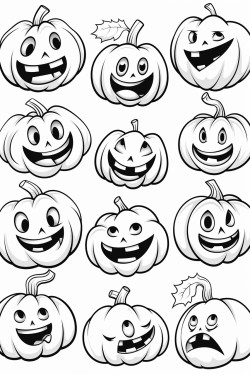 draw a variety of pumpkins with different facial expressionshappy silly spooky and surprised