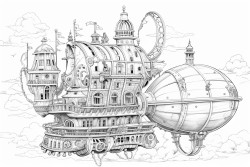 steampunk airship in the sky