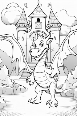 introduction page with a beautiful medieval castle and a friendly dragon welcoming the children