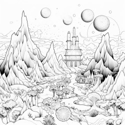 a cosmic landscape with towering mountains floating islands and alien flora