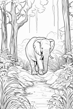 an asian elephant walking through a dense forest surrounded by tall trees and ferns with a small stream nearby