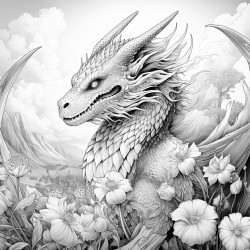 dragon flying up from a field of flowers