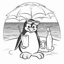 pinguin on the beach wearing sunglasses holding a cocktail in a sunbed