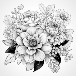 a coloring book page flower bouquet clean white background thick black outline no shadow no shading no grayscale