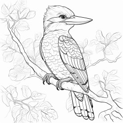 line art for adult coloring book of a kookaburra  on quest in ancient forest with echo laughing stone