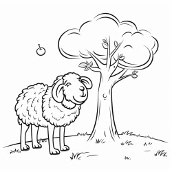 simple black and white line drawing crayon coloring page style anima style large ram turning left on his hind legs slightly facing left around large apple tree his head looking down to his right