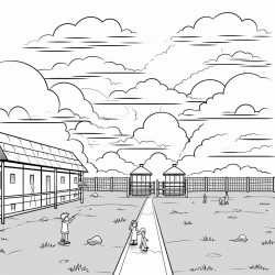 prison in an empty field with clouds above and prisoners working