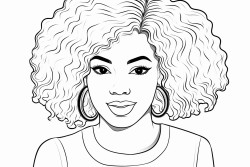 a simple black  white line art color by number coloring page illustration of an black girl smoling
