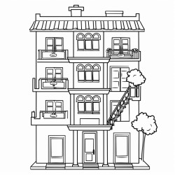 a single town house Nothing on the background or foreground The town house has four levels Each level has a balcony and a window There are no other buildings No shading Simple outlines