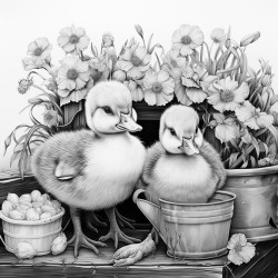 a cottagecore scene with ducklings with flowers on their head and strawberries