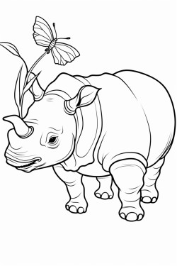 a cute and adorable single horn indonesian rhino with butterflies gently landing on its horn and back