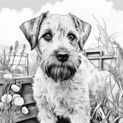 border terrier dog in a large dog cage