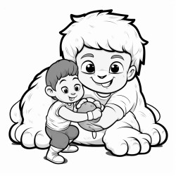 a boy wrestling a lion with a sheep in the background