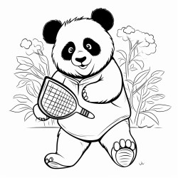 un panda qui joue avec une autruche au tennis de table