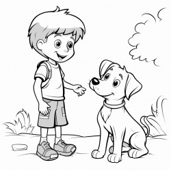 boy meeting stray dog