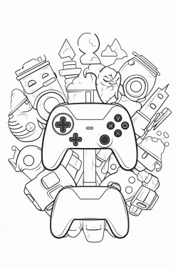 bw outline art for kids coloring book outline in bold black lines white background with gamer theme