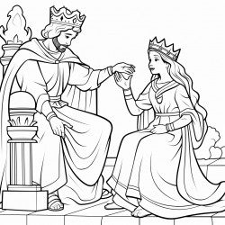 queen kneeling before the king who is sitting on the throne stretching out his sceptre toward esther