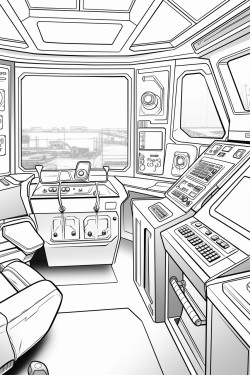 space ship cabin with screens with desk space futuristic detail