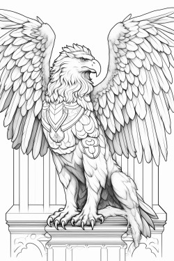 a powerful griffin standing guard in front of an ancient temple with detailed feathers and stone carvings