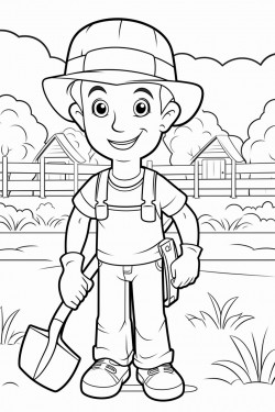 a farmer boy holds a hoe and axe a farm in background bold and easy