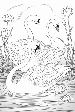 2 swan on a lake stylized with plants