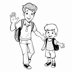 a 3 year old boy waving his hand any saying bye to his father who is standing away from him
