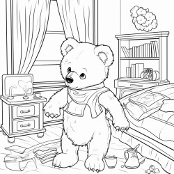 a cute stylised bear cleaning a bedroom drawn with thick bold lines