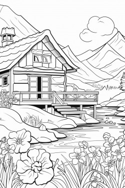 a hours in switzerland landscape with a quaint stone house surrounded by flowers wooden dock extending into a lake