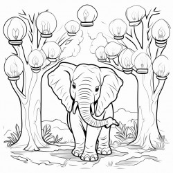 elephant surrounded by lightbulbs in the forest