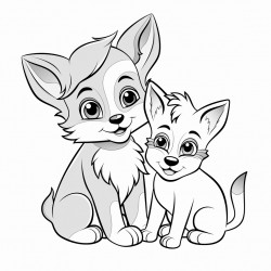 a dog plays with a cat