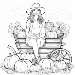 adult woman in jeans and check shirt sitting on a hay wagon which ist loaded with different pumpkins