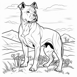 a pitbull standing majestically on a flat rock over looking a field of lavender
