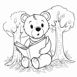 a bear sitting under a tree reading a book