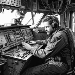 a ships radio operator sending morse code the seas outside are heavy