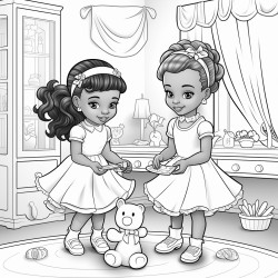 two little beautiful african american toddles with ponytails and bows playing with toys in a beautiful girly bedroom coloring page