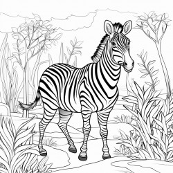 black and white coloring book drawing only thick outlines no grayscale for kids cartoon style zebra forest